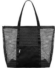 [Yuhan Pretty] Mesh Beach Bags for Women with Zipper Foldable Hobo Tote Bag Vacation Shoulder Bags for Swimming Pools