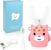 Kids Sonic Electric Toothbrush U Shaped Automatic Timer IPX7 Waterproof 5 Modes 360° Oral Cleaning Teeth Whitening Gums Massage Replaceable Soft Cartoon for 2-7 (Pink Cow)