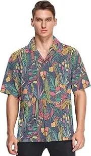 [GuoChe] Hawaiian Button Down Short Sleeve Shirt Bright Tropical Leaf Flower Print ropa Casual para Hombre