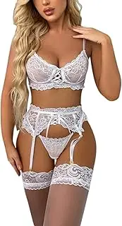 [Generic] Sexy Lingerie Costumes for Plus Size Women Women Fashion Print Mesh Lingerie Lace Lingerie Three Pieces Set Sexy Underwear with Socks Or Ring Sexy Skirts for Women Lingerie