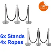 6 Silver Queue Barriers Stand + 4 Twisted Ropes Crowd Control Bollards Stanchion