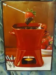 Fondue Set | Stoneware - Williams Sonoma - Red - Includes Six Forks