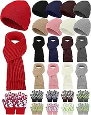 JaGely 27 Pcs Kids Winter Hat Gloves Scarf Set Warm Colorful Knitted Unisex Beanie Caps Cold Weather Gloves and Scarves Bulk