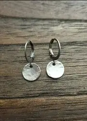 Silver Hammered Circle Disc Leverback Earrings, Coin Disc Dangles 10mm