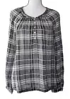 Lucky Brand Size S Black and Gray Plaid Quarter Button Peasant Blouse