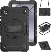 Case for Samsung Galaxy Tab A9 8.7 Inch 2023 Model (SM-X110/X115/X117) Case with Screen Protector & 360 Degree Swivel Kickstand & Hand Shoulder Strap Case for Galaxy Tab Tab A9 8.7 inch-Black