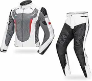2-Piece Motorcycle Suit, Waterproof Motorbike Jacket and Pants, Men's Reflective Racing Jacket, with Neck Protection and 7-Piece Protective Gear,XL,White