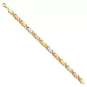 14K Tri Tone Gold 7.5" Inch Stampato Heart XOXO Link Bracelet