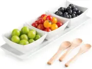 Ceramic Chip and Dip Bowl with Serving Tray Spoons, 3 Square, White