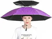 2 pcs Double-Layer Umbrella Hat, Head-Mounted Fishing Umbrella, Breathable, Hands Free, for Fishing/Camping/Gardening/Golf/Outdoor- C Raindrop Purple||77cm