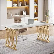 Tribesigns Computer Desk, 160 cm Computer Desk Table Modern Study Table PC Work Table Dining Table with Gold Legs for Home Office, White & Gold