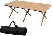 Levede Folding Camping Table with Carry Bag Camp Rollable Foldable Portable Picnic Tables Outdoor Egg Roll BBQ Steel Desk Oak 117.5cm x 58cm x 43cm