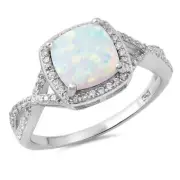 Halo infinity Lab Created White Opal Twisted Band .925 Sterling Silver Ring