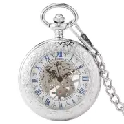 Mens Skeleton Mechanical Pocket Watch Silver Windup Antique Pendant Fob Chain