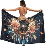 [XYMZR] Women's Sarong Swimsuit Coverups Dreamcatcher Feather Chiffon Bikini Wraps Skirt with Tassels L