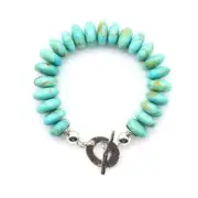 Large 14mm Turquoise Bracelet, Kingman Arizona Blue Green Rondelle Beads Toggle