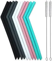 Set of 10 Large Reusable Silicone Straws Pink Thick Smoothie Silicone Drinking Straws Kids with Cleaning Brushes- Extra Long Flexible -for 20oz 30oz and 40oz Yeti Tumblers BPA Free Non Rubber Taste