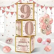 3Pcs 90th Birthday Decorations Boxes for Women, Pink Rose Gold 90th Birthday Balloons Boxes Party Supplies, Pink Ninety Year Old Birthday Theme Cardboard Box Decor