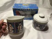 SET OF SAKURA DEBBIE MUMM SNOWMEN CREAMER AND SUGAR BOWL W/ LID IN ORIGINAL BOX