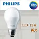 PHILIPS 飛利浦純淨光LED球泡燈12瓦E27 120V - 3000K黃光(出清特價