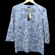 Talbots Tunic Top Size S Blue & White Palm Leaf Print 3/4 Sleeve Split Neck NWT