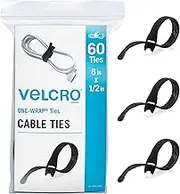 VELCRO Brand Heavy Duty Cable Ties Reusable | 60Pc Bulk Pack | 8 x 1/2" ONE-WRAP Straps, Black | Strong Wire Management | Cord Bundling for Home Office and Data Centers