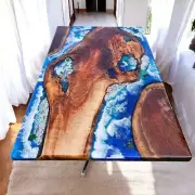 40"x80" Natural Acacia Wooden Epoxy Resin Table Top Deep Blue River Art Home Dec