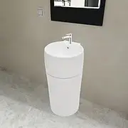 Elegant White Ceramic Stand Basin with Overflow Hole, 400x415x860mm, Modern Bathroom Sink, Vanity Bowl, Freestanding or Wall Mounted, Durable Porcelain