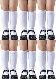 [Thread Linens] 6 Pairs Girls Kids Knee High School Socks Cotton Socks, Value pack Back to School Plain Socks Uniform Party Wear, Girls Kids Knee High Long Sock stockings