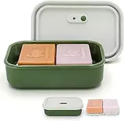 AIDIMMING Silicone Enhanced Leak Proof Travel Soap Case, Vented Shampoo Bar Holder, Large Bar Soap Box with Lid Portable Soap Dish with Draining Layer (Offwhite& Green)