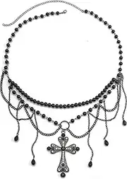 [Generic] Multi layered Metal Cross Pendant Long Tassel Waist Chain Belt for Women Beaded Waist Belly Chain Jewelry Bikini Pearl Waist Belt Dress Pearl Belt