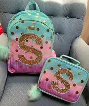 JUSTICE PASTEL POLKADOT OMBRE INITIAL (G,H,M,O,T)BACKPACK & LUNCHBOX SET CUTE!!