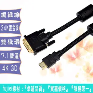 fujiei DVI-I to HDMI公鍍金頭傳輸線 DVI(24+5)轉HDMI訊號轉接線 線長1.8M到10M