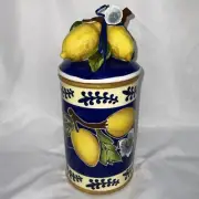 NWT BLUE SKY CLAYWORKS LEMON JUICE BLUE YELLOW WHITE SMALL CANISTER COOKIE JAR