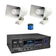 Home 4-CH Bluetooth AM/FM Receiver Bundle, 2x 6" Indoor/Outdoor Speakers w/Wire
