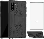 Phone Case for Samsung Galaxy Note 10 with Tempered Glass Screen Protector Cover and Stand Kickstand Hard Rugged Hybrid Cell Accessories Glaxay Note10 5G Gaxaly Notes 10s Ten Not S10 Cases Men Black