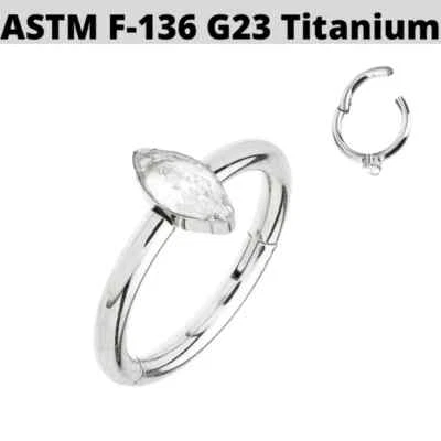 16g G23 Titanium Marquise Center CZ Hinged Segment Clicker Ear Tragus Helix Ring