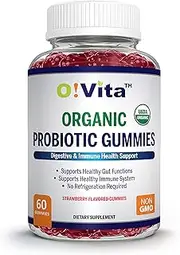 O!VITA Organic Probiotic Gummies - 5 Billion CFU, Max Strength, Strawberry Flavored, Gut Health and Immune Support for Men and Women (60 Non-GMO Gummies)
