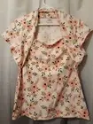 New Attached Shrug T-shirt Top L Peach Floral Green Leaves Short Cap Slv Blouse
