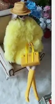 Barbie Doll Soft yellow Furry Fur Coat & Hat ,boots, sunglasses bag,top, skirt.