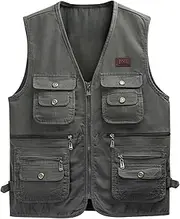 [Sukany] Men's Multi Pockets Cotton Outdoor Safari Fishing Vest Utility Photo Gilet Travel Journalist Hunting Hiking Jacket Waistcoat, Army Green, L