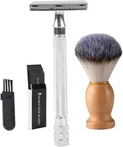 Beavorty 1Set Manual Razor with Beard Brush for Grooming Portable Old Fashioned Shaving Tool for Men Includes Cleaning Brush and Blades for Easy Use