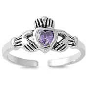 Heart Solitaire Claddagh Simulated Purple .925 Sterling Silver Toe Ring