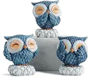 AWNR 3 Pcs Blue Owl Decor, Statue for Cute Shelf Accents, Living Room Bookshelf Decorations, Sculpture for Owl Lover Gifts