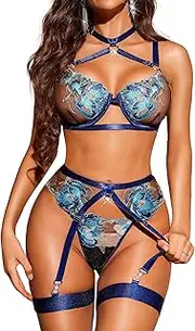 [RSLOVE] Women's Sexy Lingerie Set with Garter Belt Underwire Floral Embroidered 3 Piece Bra and Panty Sets Lace Babydol