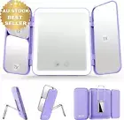 Travel Makeup Mirror 64 LED Lighted Tri-Fold 1X 3X 7X Magnification - Purple