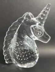 UNICORN Head Paperweight Solid ART GLASS Figurine w/ Bubbles 4.25" Tall