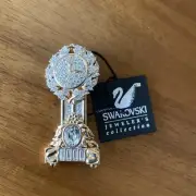 Swarovski Gold tone Grandfather Clock Rhinestone Pin Brooch Swan Signed