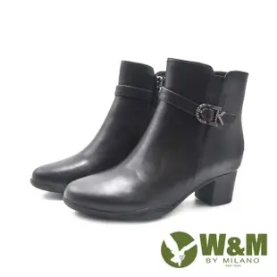 【W&M】女 造型鑽飾皮釦拉鍊短靴 女鞋(黑色)