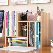 Hbluefat Desktop Organizer Office Storage Rack,Small Adjustable Wood Display Shelf, Expandable Desk Bookshelf, Mini Countertop Bookcase (Light Walnut)